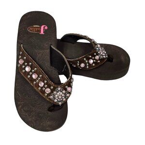 Justin Girls Rhinestone Embellished Flip Flops - Brown Western Bling Sandals - S